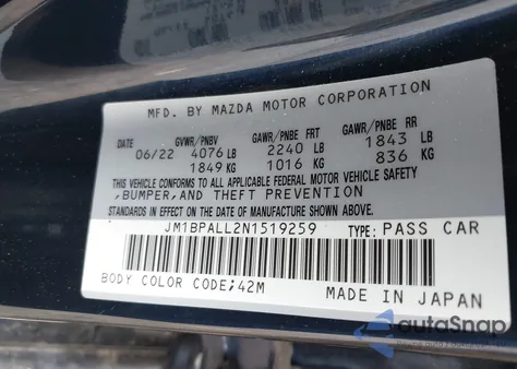 2022 Mazda Mazda3 Preferred из США, поврежденный, VIN JM1BPALL2N1519259